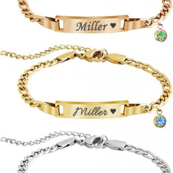 Custom Name Bar ID Bracelets, Personalized 18k Gold Plated Engrave Charm Bracelet with Name Birthstone,Customized Birthday Christmas Mother's Day Gifts for Women Girls Mom-Adjustable Length