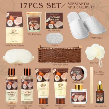 Spa Gift Baskets for Women, Coconut XL Bath Gift Set 17Pcs with Shower Gel, Bubble Bath, Hand Cream, Bath Salt, Essential Oil, Luxury Bath and Body Spa Kit for Mother's Day