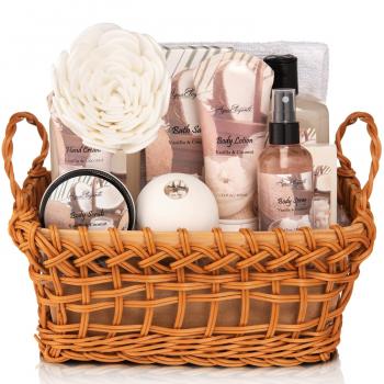 Spa Baskets For Women - Luxury Bath Set With Coconut & Vanilla - Spa Kit Includes Wash, Bubble Bath, Lotion, Bath Salts, Body Scrub, Body Spray, Shower Puff, Bathbombs, Soap and Towel