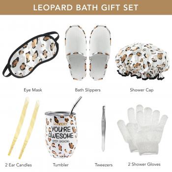 Fathers Day Home Spa Kit in Honey Almond Scent, Bath Gift Basket with Vit E-Rich Bath Essentials, Tumbler, Ear Candles, Bath Oil, Salts, Shower Steamer, Organic Lip Balm & More in Leopard Basket, 21Pc