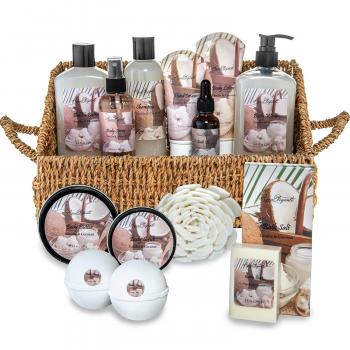 Bath Spa Gift Sets - Luxury Basket With Coconut & Vanilla - Spa Kit Includes Wash, Bubble Bath, Lotion, Bath Salts, Body Scrub, Shower Puff, Bathbombs, Soap and Towel