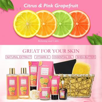 Fathers Day Mother's Day Spa Gift Baskets for Women, Citrus & Pink Grapefruit Spa Gift Woman, 11 Pcs Self Care Kit Gifts Including Bubble Bath, Massage Oil, Bath Salt, Birthday Gifts for Women