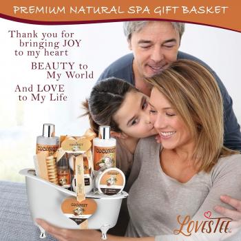 Relaxing Spa Gift Baskets For Women- Bath and Body Gift Set for mom Coconut Spa Kit includes Bath Bombs, Message Oil, Body Scrub, Bath Salt, Body Lotion, Shower Gel and Scrub Brush