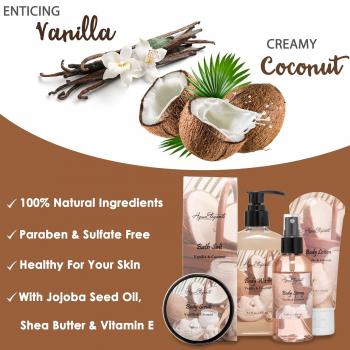 Spa Baskets For Women - Luxury Bath Set With Coconut & Vanilla - Spa Kit Includes Wash, Bubble Bath, Lotion, Bath Salts, Body Scrub, Body Spray, Shower Puff, Bathbombs, Soap and Towel