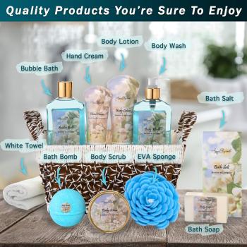 Spa Baskets For Women - Luxury Bath Set With Jasmine & Lavender - Spa Kit Includes Wash, Bubble Bath, Lotion, Bath Salts, Body Scrub, Body Spray, Shower Puff, Bathbombs, Soap and Towel