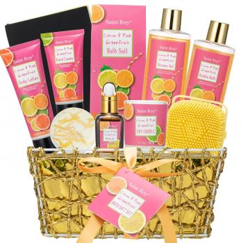 Fathers Day Mother's Day Spa Gift Baskets for Women, Citrus & Pink Grapefruit Spa Gift Woman, 11 Pcs Self Care Kit Gifts Including Bubble Bath, Massage Oil, Bath Salt, Birthday Gifts for Women