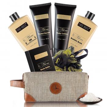 Mens Bath and Body Gift Set - Musk and Blonde Woods - Luxury Fathers Day Gifts From Daughter, Wife, Son For Dad, Husband - Relaxing Spa Kit for Him in Toiletry Bag w. Full Size Items