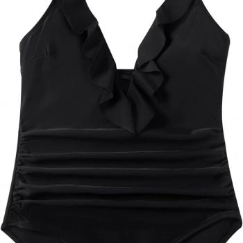 SUUKSESS Women Sexy Halter One Piece Swimsuits Ruffle Tummy Control Bathing Suit