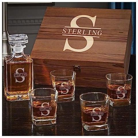 Personalized Whiskey Decanter Set with Wood Gift Box - Custom Bourbon and Scotch Gift Boxed Set