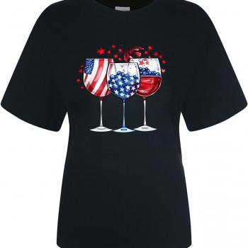 Women's 4th of July T Shirt USA Flag Wine Glasses Graphic Blouses Round Neck Short Sleeve Tee Tops Summer Clothes