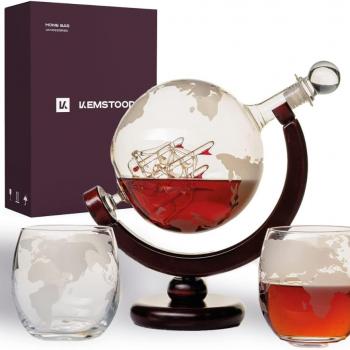 Kemstood Whiskey Decanter Sets for Men - Etched World Globe Design with Wood Stand & 2 Glass - Ideal for Dignified Drinking, Home Decor - Unique Whiskey Gifts for Men - 28 oz / 850 ml Capacity