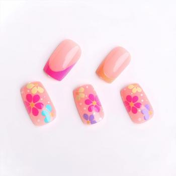 Flower Press on Nails Short Square Spring Summer Fake Nails, Colorful Flowers French Acrylic Nails Kits, Nude Glossy Gel False Nails Stick Glue on Nails Tip Manicure 24Pcs