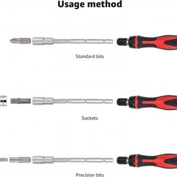 Amazon Basics 73-Piece Magnetic Ratcheting Wrench and Electronics Precision Screwdriver Set, Black/Red/Silver