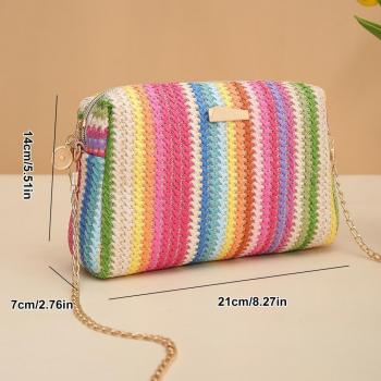 Women’s Straw Tote Bag Rainbow Striped Casual Beach Shoulder Bag Summer Vacation Straw Crossbody Bag Purse 2024