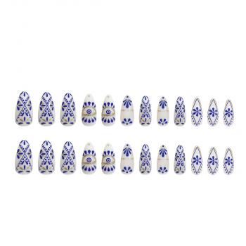 Almond Press on Nails Short Fake Nails Blue Flower Totem Pattern Almond Nails Press on Acrylic Full Cover Summer Glue on Nails Sweet Cool False Nails Stick on Nails for Women Gel Fake Nails Kit 24PCS