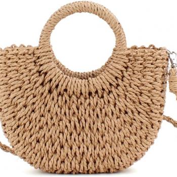 Mini Semi-circle Rattan Straw Bag, Hand-woven Women Summer Retro Beach Tote Shoulder Bag Crossbody Travel Beach Bag