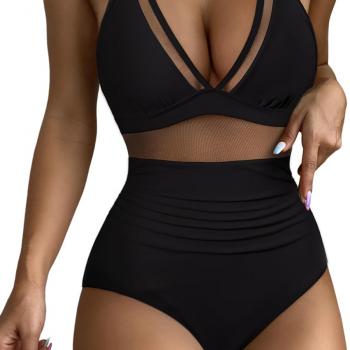 RXRXCOCO Women Sexy V Neck Mesh One Piece Bathing Suit Halter Push Up Tummy Control Swimsuit Swimwear