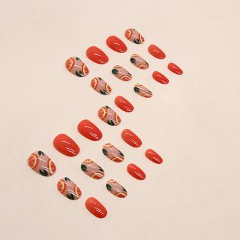 Summer Press on Nails Short Oval, Artificial Acrylic Fake Nails with Fruit Design, Full Cover Reusable Coffin Shaped Glossy False Nails, Glue on Nails for Women Set, DIY Stick on Nails 24Pcs