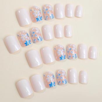 Extra Short Press on Nails RIICFDD Short Square Fake Nails Nude Full Cover Stick on Nails with Blue Floral Designs Acrylic False Nails Spring Press on Nail for Women and Girls 24 Pcs