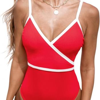 CUPSHE Women's One Piece Swimsuit Bathing Suits Surplice V Neck Color Block Cheeky Bottom Swimwear Textured Adjustable Straps