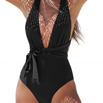 CUPSHE Women's One Piece Swimsuit Sexy Deep V Neck Bathing Suit Crisscross Back Self Tie