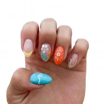 24Pcs Summer Sun Press on Nails French Tips Manicure Art Medium Almond Acrylic False Nails Stick on Nails with Waves Design, Glossy Colorful Curve Line Fake Nails Gel Glue on Nails for Women Girls