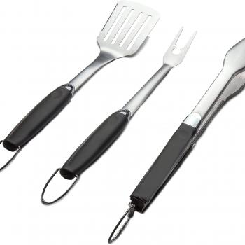 3 Piece Stainless Steel BBQ Grill Tool Set w/Tongs, Spatula & Fork - Accessories for Outdoor Barbecue Grills (3 Piece Set)