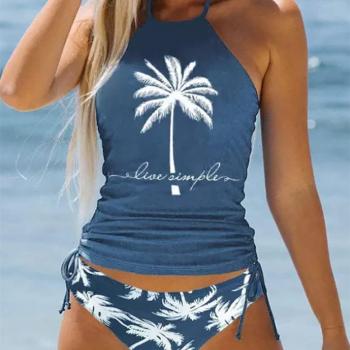 Women's Live Simple Coconut Tree Tankini Set Sexy Halter Neck Backless Swimsuit Drawstring Side Bathing Suit