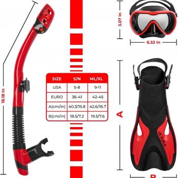 Snorkeling Equipment Set: Complete Snorkel Gear for Adults (S/M), RED - Includes Mask, Fins, Snorkel, Mesh Bag - Travel Sized Snorkel Set Package