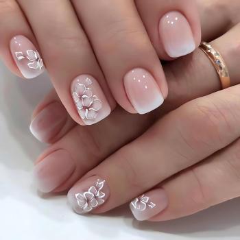 Square Press on Nails Short - LPOODDNU Flower Design Short Fake Nails Press ons, 24 Pcs Glossy Pink French Acrylic Nails Full Cover Glue on Nails Spring Summer Stick on Nails for Women