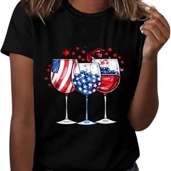 Women's 4th of July T Shirt USA Flag Wine Glasses Graphic Blouses Round Neck Short Sleeve Tee Tops Summer Clothes