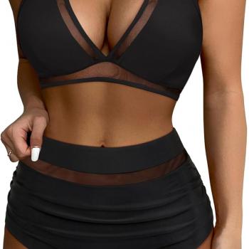 SUUKSESS Women Sexy High Waist Bikini Sets Mesh Tummy Control 2 Piece Swimsuits