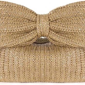 Women Bow Straw Bag Hand-woven Straw Purse Summer Beach Handbags Tote Travel Beach Bag 2024 New Party Evening Bag (Brown)