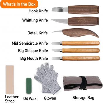 10Pcs Wood Carving Knife Set Beginner Kit, Convenient Tools Set Cut Resistant Gloves Spoon Carving Hook Knife, Wood Carving Whittling Knife, Chip Carving Detail Knife Sandpaper for Woodworking