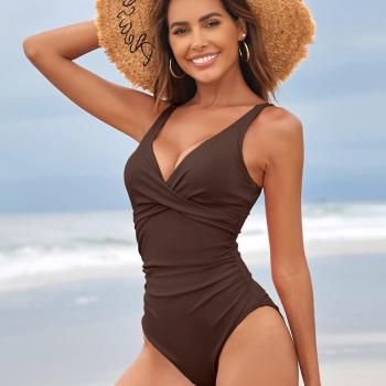 Aleumdr Women's V Neck One Piece Swimsuits Cheeky Tummy Control Front Twist Bathing Suits Monokini Ruched Ribbed Swimwear