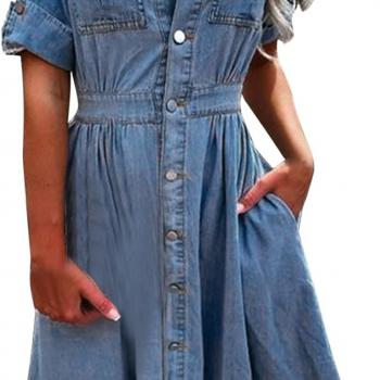 Womens Summer Jean Dresses Collared Roll-Up Short Sleeve Maxi Dress Button Down Casual Denim Shirt Dress with Pockets