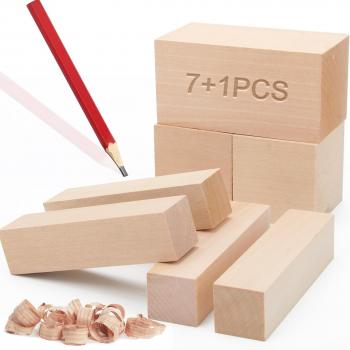 7+1 Pcs Basswood Carving Blocks with Pencil, Boyistar 3 Sizes Whittling Wood Blocks for Craft Carving Wooden Blocks, Small Carved Bass Wood Block Kit for Beginners, Sculpture Artist