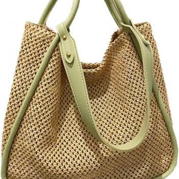 Women Faux Straw Bag Weave Tote Bag Summer Beach Bag Shoulder Bag Top Handle Bag Handbag 2 Pcs Set