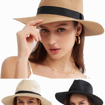 3PCS Womens Wide Brim Beach Hat Roll up Panama Straw Sun Hat Fedora Summer UV Protection Floppy Hat (Black+Brown+Beige)