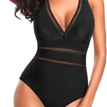 Tempt Me Women Sexy Halter One Piece Swimsuits Mesh Hollow Out Tummy Control Monokini V Neck Bathing Suit