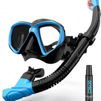 Snorkel Set Adults Snorkeling Gear with Anti-Fog Spray Silicone, Adults Adjustable Panoramic View Swim Mask Dry Top Snorkel Kit, Snorkeling Diving Swimming Travel, Tempered Glass Scuba Mask