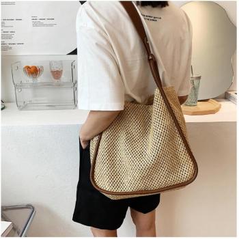 Women Faux Straw Bag Weave Tote Bag Summer Beach Bag Shoulder Bag Top Handle Bag Handbag 2 Pcs Set