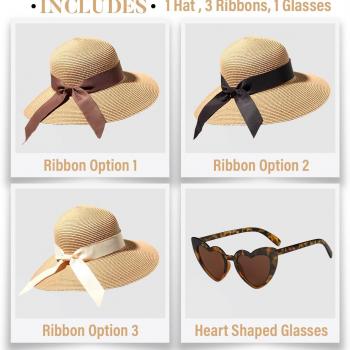 Funcredible Straw Fedora Hat for Women - Wide Brim Summer Hat - Panama Hats with Bows and Heart Shape Glasses - UPF 50+