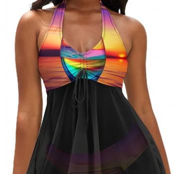 Colorful Glass Drink Sunset Tankini Swimsuits for Women Two Piece Bathing Suits 2024 Summer Beach Swimwear Swim Tank Top