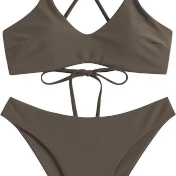 ZAFUL Women's Two-Piece Scoop Neck Bikini Crop Top Criss Cross Push Up Bikini Set Tanks Top Bathing Suit