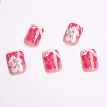 Flower Press on Nails Medium Square Pink White French Tip Fake Nails Pink White Flower Spring Summer Press on Nails for Women Acrylic Manicure Art False Nails Glue on Nails Kit 24Pcs