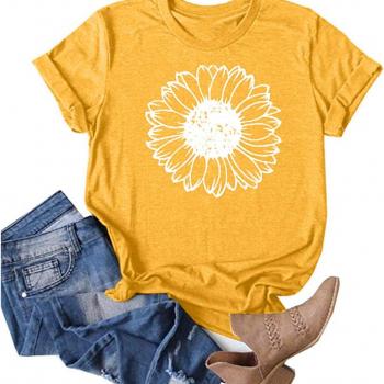 Women Summer Tops 2024 Trendy Causal Cute Flower Printed Tee Tops Loose Fit Crew Neck Short Sleeve Graphic Tshirts