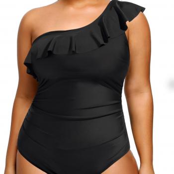 Aqua Eve Plus Size Bathing Suits for Women One Piece Swimsuits One Shoulder Ruffle Tummy Control Swimwear