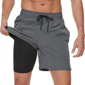 Arcweg Mens Swim Trunks with Compression Liner 2 in 1 Beach Swimming Trunks Quick Dry Swim Shorts with Zipper Pockets