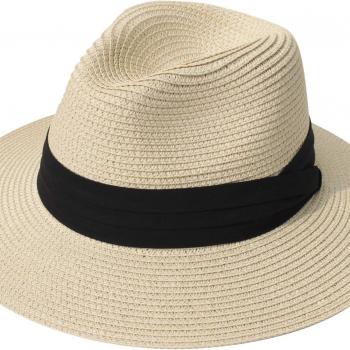 DRESHOW Women Straw Panama Hat Travel Fedora Beach Sun Hat Summer Wide Brim Straw Roll up Hat UPF 50+